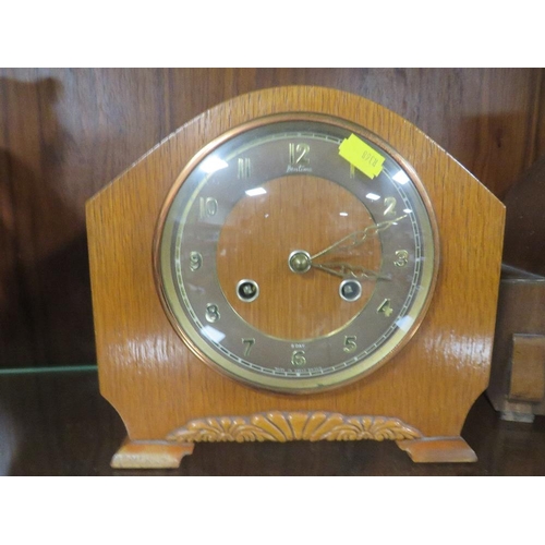 229 - THREE VINTAGE MANTLE CLOCKS ONE IN FORM OF A LONG CASED CLOCK A/F