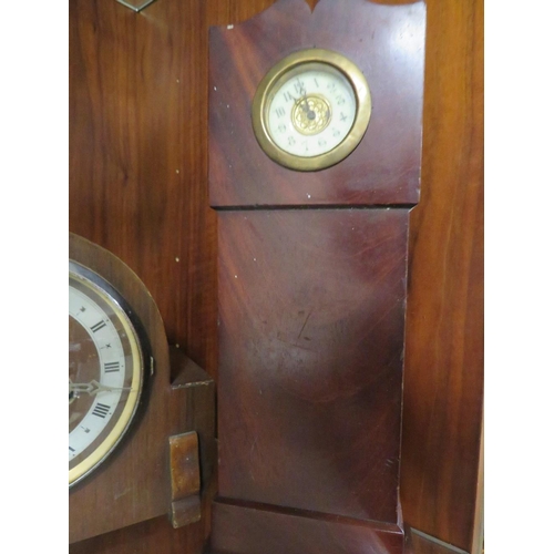 229 - THREE VINTAGE MANTLE CLOCKS ONE IN FORM OF A LONG CASED CLOCK A/F