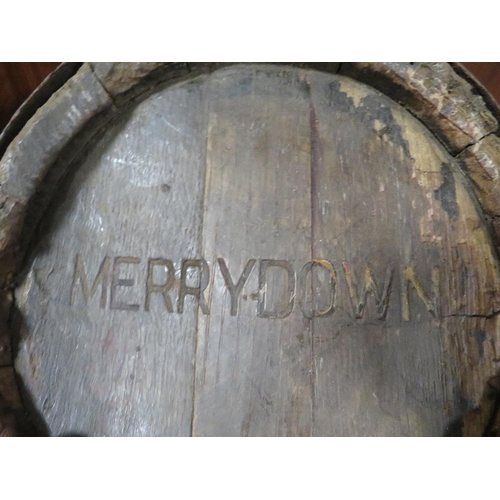 230 - A VINTAGE SMALL COOPERED WOODEN BARREL FOR MERRYDOWN