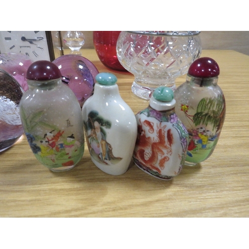 330 - A TRAY OF ASSORTED GLASS PAPERWEIGHTS, CRANBERRY SIFTER. CLOCK ETC