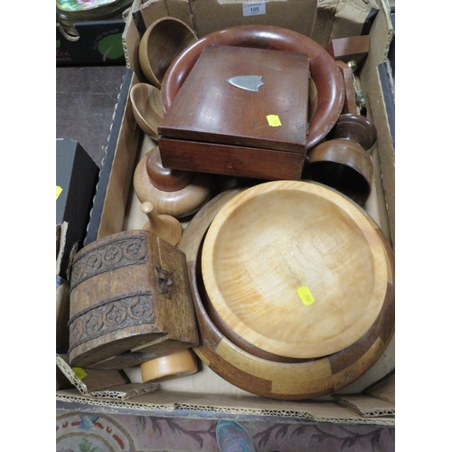 105 - A TRAY OF ASSORTED TREEN TO INCLUDE A WRITING BOX AND CONTENTS ETC