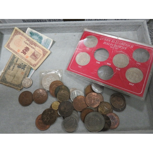 399 - A BOX OF BRITISH AND WORLD COINS AND BANKNOTES