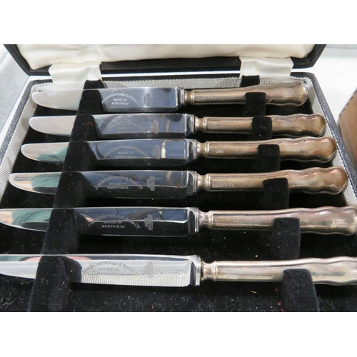 410 - A CASED SET OF SILVER SMALL HANDLED KNIVES TOGETHER WITH A BOX COINAGE