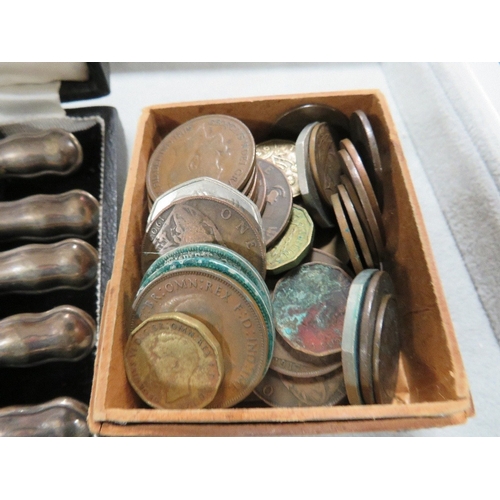 410 - A CASED SET OF SILVER SMALL HANDLED KNIVES TOGETHER WITH A BOX COINAGE