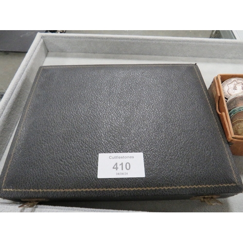 410 - A CASED SET OF SILVER SMALL HANDLED KNIVES TOGETHER WITH A BOX COINAGE