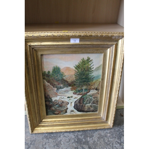 13 - FIVE ASSORTED OIL PAINTINGS TO INC A PAIR OF UNFRAMED LANDSCAPES (LOCATED IN FOYER)