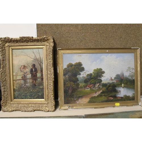 13 - FIVE ASSORTED OIL PAINTINGS TO INC A PAIR OF UNFRAMED LANDSCAPES (LOCATED IN FOYER)