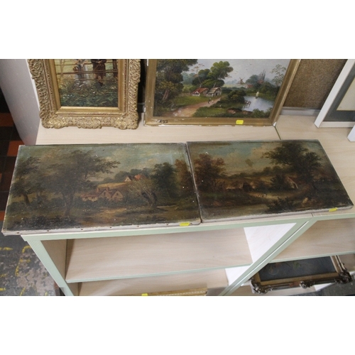 13 - FIVE ASSORTED OIL PAINTINGS TO INC A PAIR OF UNFRAMED LANDSCAPES (LOCATED IN FOYER)