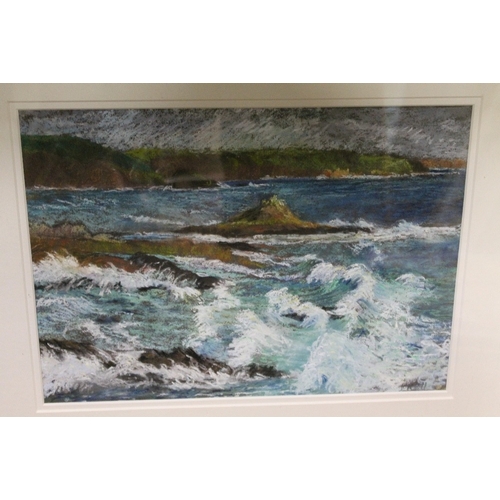 28 - ANGELA JEWELL, 2001, A PASTEL ENTITLED 'THE ENYS & KENNEGGEY BAY WEST CORNWALL', TOGETHER WITH A DOR... 