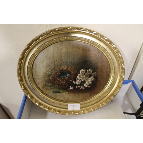 3 - A SMALL OVAL OIL ON BOARD OF A BIRDS NEST & FLOWERS, INITIALLED LOWER RIGHT L.E.L , 19 x 24 cm  - LO... 