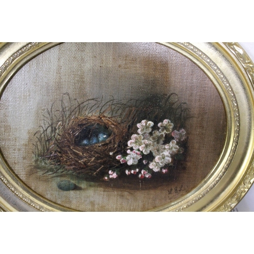 3 - A SMALL OVAL OIL ON BOARD OF A BIRDS NEST & FLOWERS, INITIALLED LOWER RIGHT L.E.L , 19 x 24 cm  - LO... 