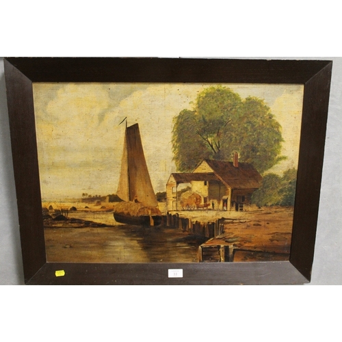 33 - A LATE 19TH / EARLY 20TH CENTURY NAIVE CONTINENTAL RIVER LANDSCAPE WITH BOAT, BUILDING, HORSE & CART... 