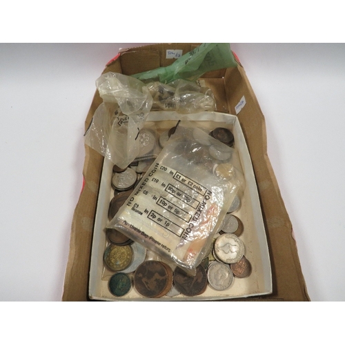 352 - AN OLD TIN MONEY BOX WITH COINS AND BANKNOTES