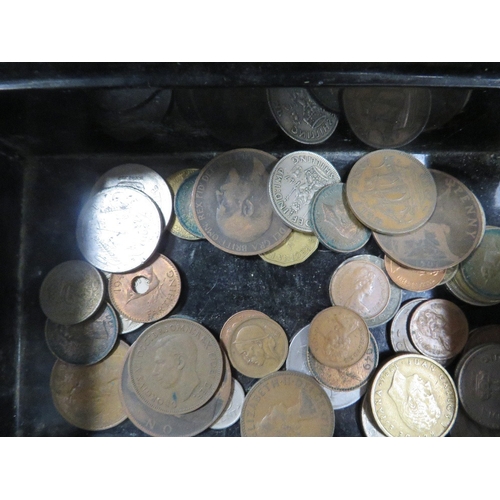 352 - AN OLD TIN MONEY BOX WITH COINS AND BANKNOTES