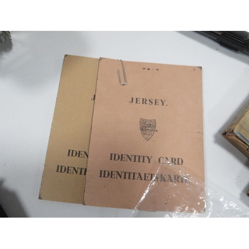 386 - A TRAY OF COLLECTABLES TO INCLUDE JERSEY IDENTITY CARD