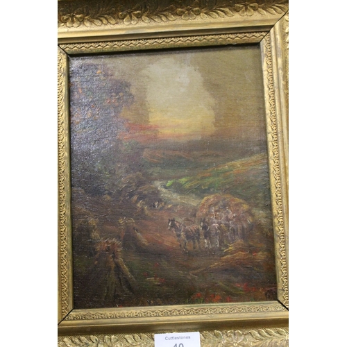 40 - A SMALL GILT FRAMED OIL ON BOARD DEPICTING A HARVEST SCENE