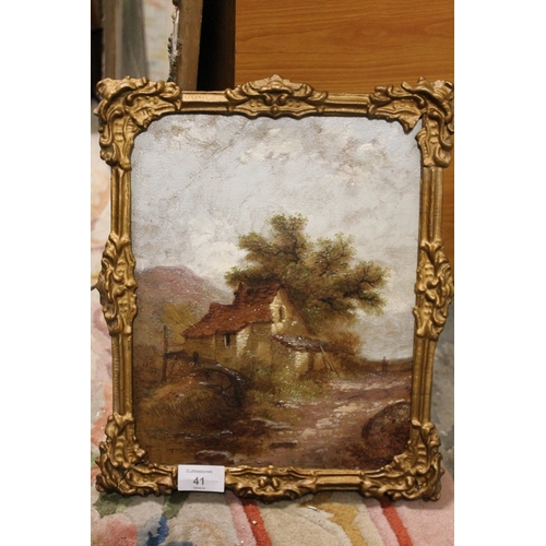 41 - A SMALL GILT FRAMED OIL ON CANVAS LAID ON BOARD OF A WATERMILL COTTAGE