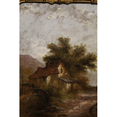 41 - A SMALL GILT FRAMED OIL ON CANVAS LAID ON BOARD OF A WATERMILL COTTAGE