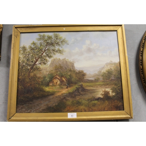 43 - A GILT FRAMED OIL ON CANVAS LANDSCAPE SCENE WITH FIGURE