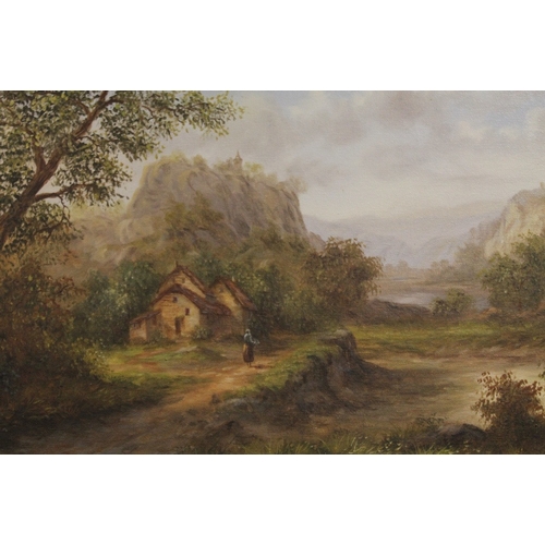 43 - A GILT FRAMED OIL ON CANVAS LANDSCAPE SCENE WITH FIGURE