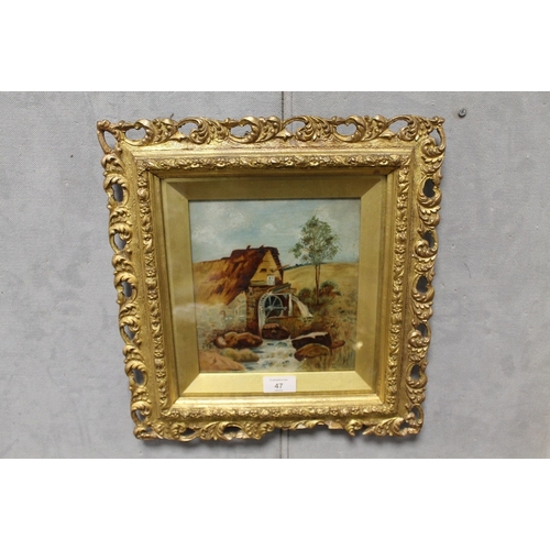 47 - A SMALL EARLY 20TH CENTURY  OF A RURAL LANDSCAPE WITH WATERMILL IN PIERCED GOLD FRAME