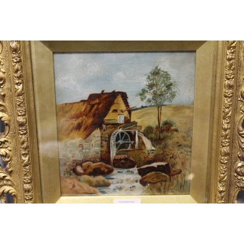 47 - A SMALL EARLY 20TH CENTURY  OF A RURAL LANDSCAPE WITH WATERMILL IN PIERCED GOLD FRAME