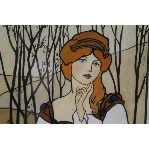 5 - A MACDIERMUID ? - AN ART NOUVEAU  WATERCOLOUR STUDY OF A YOUNG WOMAN IN A WOODLAND SETTING 'AUTUMN' ... 