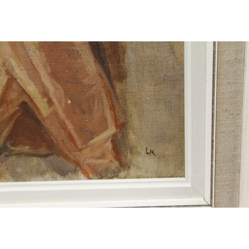 50 - IN THE STYLE OF LAURA KNIGHT - A FRAMED OIL ON BOARD TITLED VERSO 'THE PLAY', INITIALLED BOTTOM RIGH... 