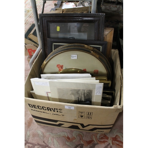 59 - A BOX OF ASSORTED PICTURES, PRINTS AND ENGRAVINGS