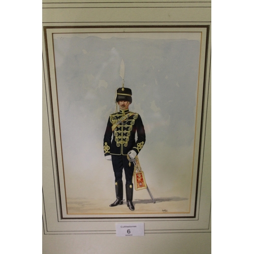 6 - A FRAMED AND GLAZED WATERCOLOUR OF A SOLDIER IN REGIMENTAL UNIFORM, INITIALS WRJ LOWER RIGHT TOGETHE... 