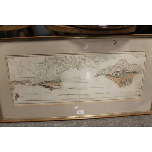 63 - AN 1815 GEOLOGICAL MAP OF THE ISLE OF WIGHT, PUBLISHED BY PAYNE & FOSS, FRAMED AND GLAZED 85 X 44 CM... 