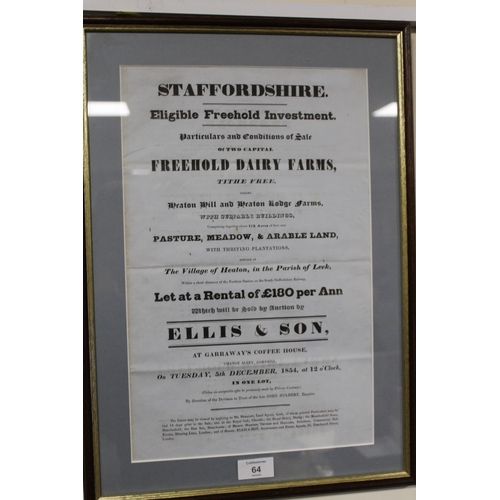 64 - TWO FRAMED AND GLAZED STAFFORDSHIRE RELATED POSTERS TO INCLUDE THE GENERAL LUNATIC ASYLUM