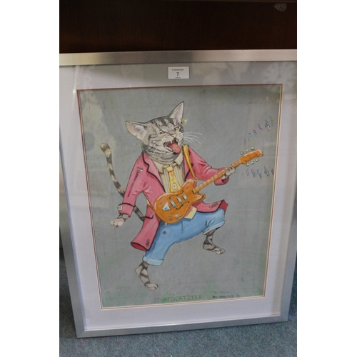 7 - A FRAMED AND GLAZED MIXED MEDIA PAINTING OF A COMICAL CAT 