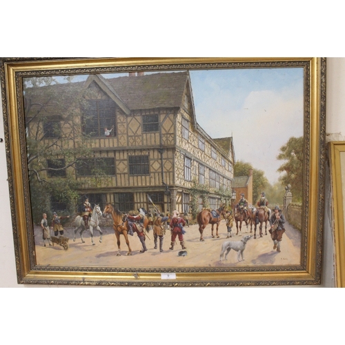 9 - AN OIL ON CANVAS OF A TOWN SCENE WITH CAVALIERS ON FOOT AND HORSEBACK, SIGNED R SIMM LOWER RIGHT, TO... 