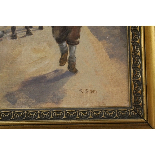 9 - AN OIL ON CANVAS OF A TOWN SCENE WITH CAVALIERS ON FOOT AND HORSEBACK, SIGNED R SIMM LOWER RIGHT, TO... 