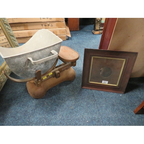 802 - A SET OF VINTAGE KITCHEN SCALES AND WEIGHTS AND A SMALL OAK FRAME