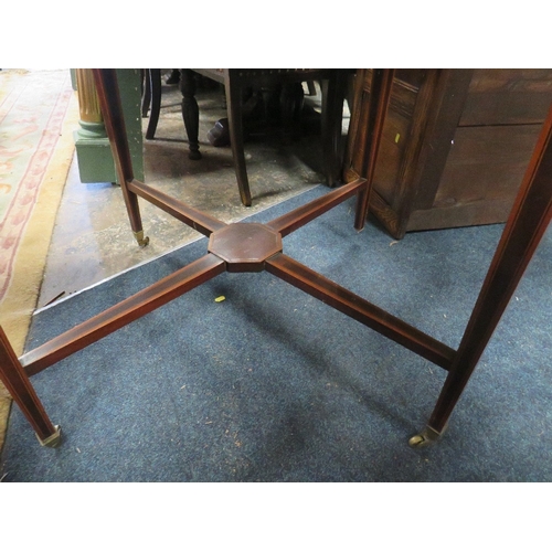 817 - AN EDWARDIAN MAHOGANY INLAID OCTAGONAL TABLE ( ONE CASTOR- LOOSE ) A/F