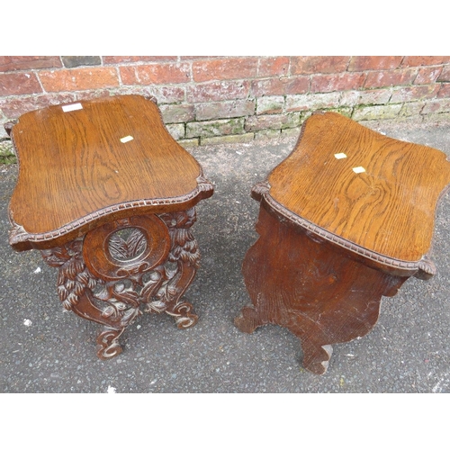 819 - A PAIR OF UNUSUAL CARVED OAK VINTAGE STOOLS