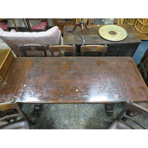 820 - A VINTAGE OAK REFECTORY TABLE WITH EIGHT OAK GOTHIC STYLE CHAIRS