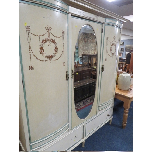 831 - A LARGE ANTIQUE PAINTED TRIPLE WARDROBE WITH MIRRORED DOOR