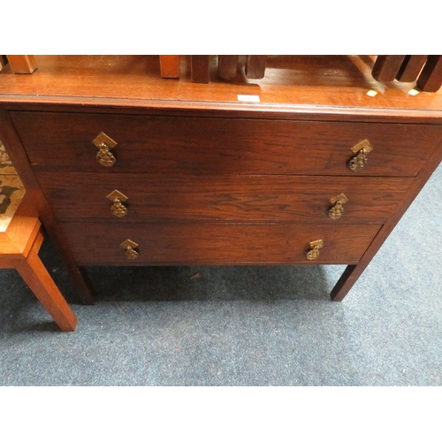 845 - A VINTAGE OAK THREE DRAWER CHEST NEST OF TABLES AND A STOOL