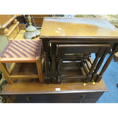 845 - A VINTAGE OAK THREE DRAWER CHEST NEST OF TABLES AND A STOOL