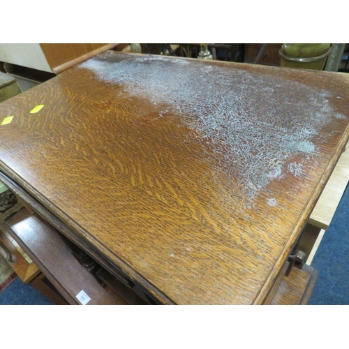 845 - A VINTAGE OAK THREE DRAWER CHEST NEST OF TABLES AND A STOOL