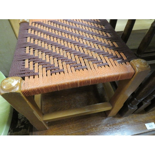 845 - A VINTAGE OAK THREE DRAWER CHEST NEST OF TABLES AND A STOOL