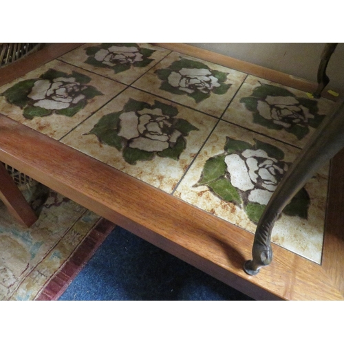 846 - A RETRO TILE TOP TABLE, ONYX EFFECT TABLE , HORN AND LOG BOX, WICKER CHAIR AND STOOL