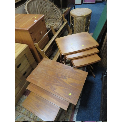 848 - TWO VINTAGE NEST OF TABLES, PINE CABINET AND ERCOL PLATE RECK