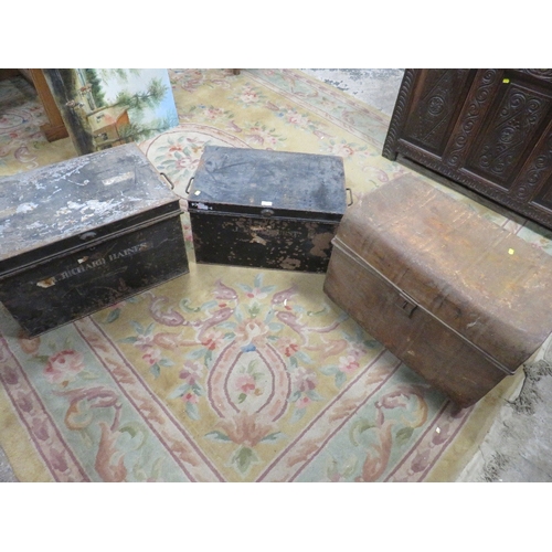 708 - THREE VINTAGE TIN TRUNKS - ONE CONTAINING A SELECTION OF DEED MAPS ETC