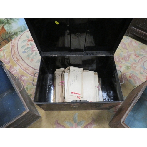 708 - THREE VINTAGE TIN TRUNKS - ONE CONTAINING A SELECTION OF DEED MAPS ETC