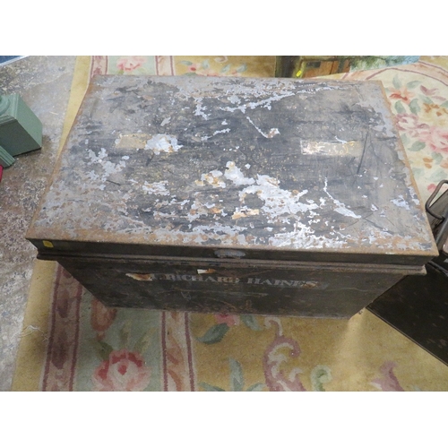 708 - THREE VINTAGE TIN TRUNKS - ONE CONTAINING A SELECTION OF DEED MAPS ETC