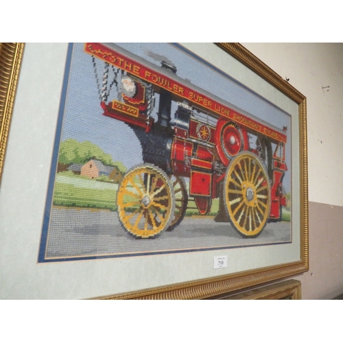 710 - TWO TAPESTRY PICTURE DEPICTING A TRAM AND STEAM ENGINE